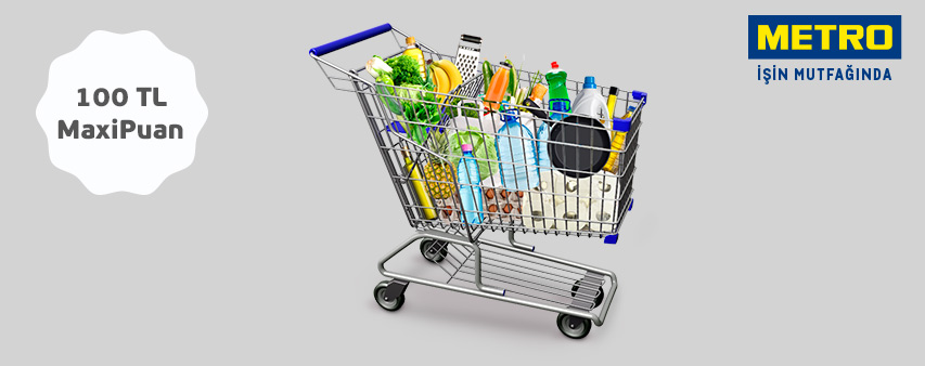 Alışveriş arabasında farklı gıda ve ihtiyaç malzemeleri ve Metro Market'te 100 TL MaxiPuan ifadesi