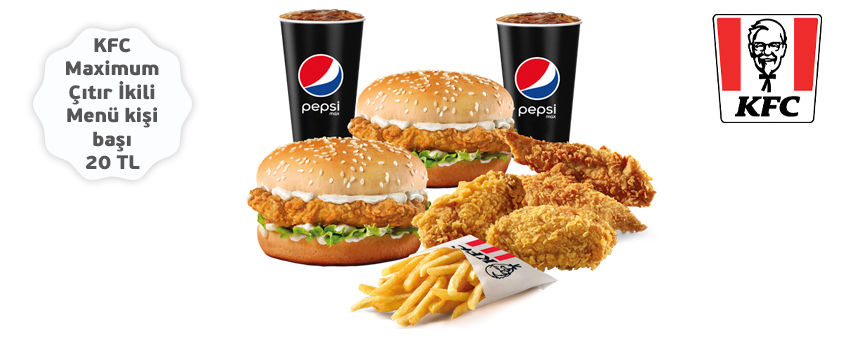 KFC ikili menü görseli ve KFC Maximum Çıtır İkili Menü kişi başı 20 TL ibaresi.