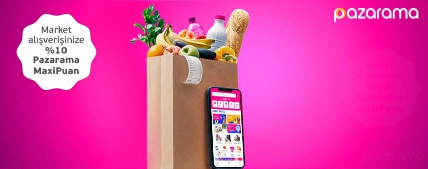 Telefon ve alışveriş sepeti içinde gıda ürünleri görseliyle birlikte ilk alışverişlerinize % 10 MaxiPuan ibaresi.