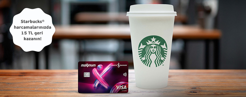 Starbucks kampanya görseli ve Starbucks harcamalarınızda 15 TL geri kazanın bildirimi.